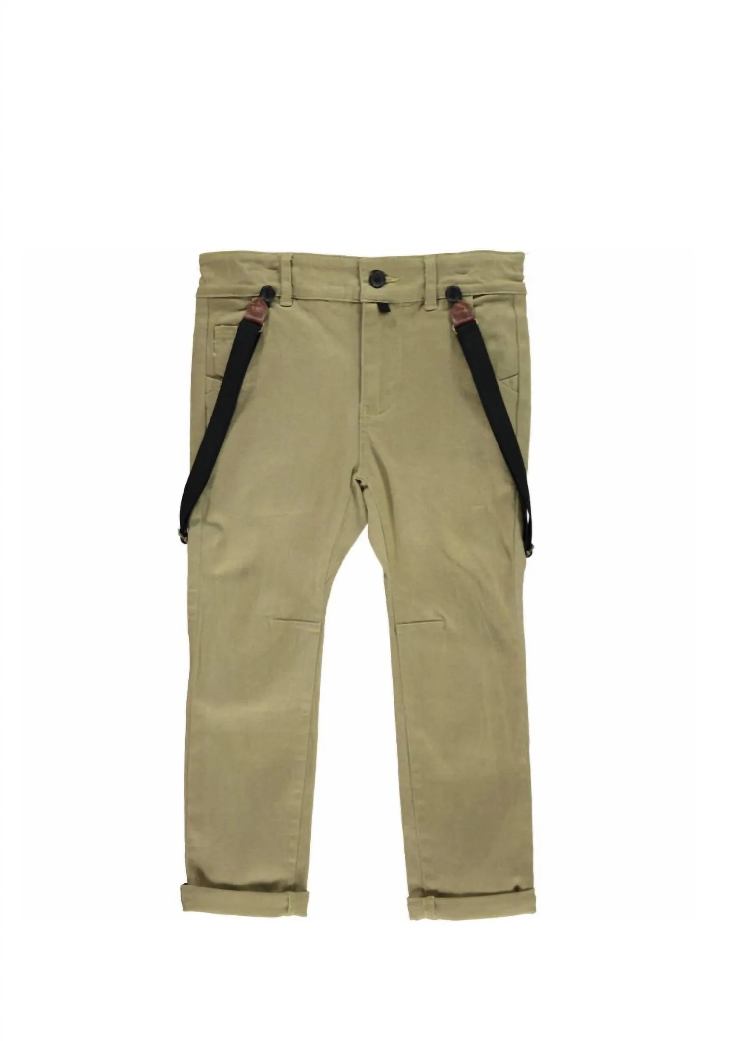 Boy's Woven Trousers With Removable Suspenders / Braces In Olive Khaki
