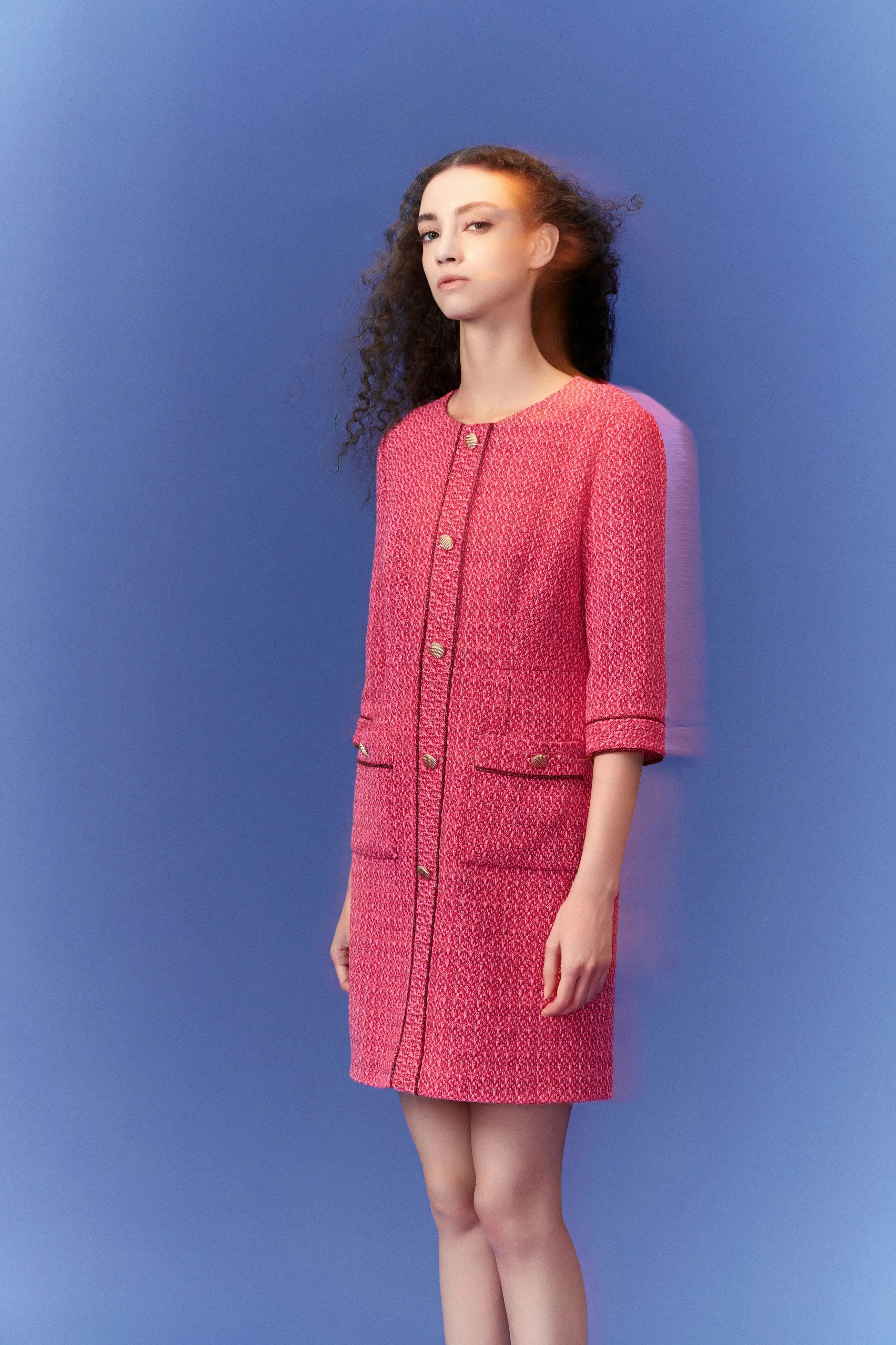Fuchsia Pink Patch-Pocket Tweed Dress
